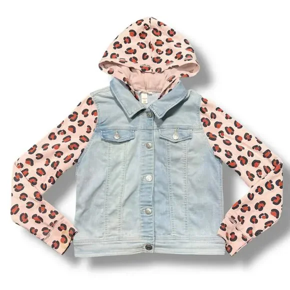 Cat & Jack Girls Denim Jean Jacket Hooded Long Sleeves Animal Print Hooded Large