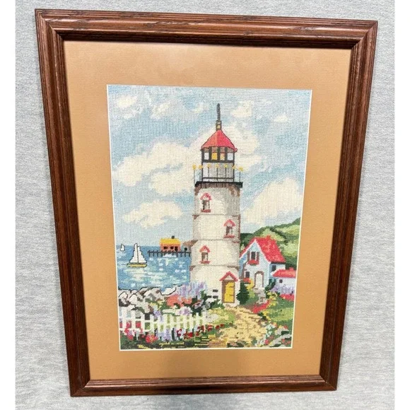 Framed Cross Stitch Handcrafted Lighthouse Seascape Art‎ Coastal Nautical Decor