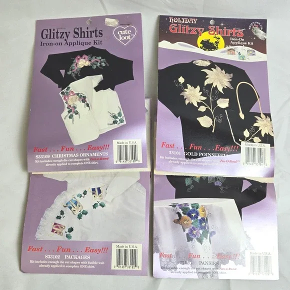 Lot of 4 What's New Ltd Glitzy Shirts Iron On‎ Applique Kits New Sealed Vintage