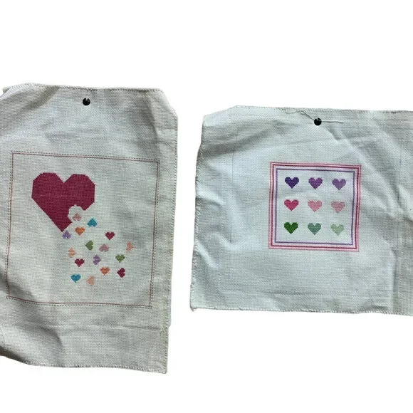 Lot of 2 Handmade Cross Stitch Heart Themed Square Artwork Ready to Frame Art