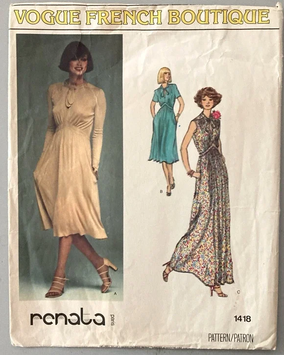 UNCUT Vogue French Boutique 1418 Renata Paris Pattern 3 Dresses Boho Sz 12 70s