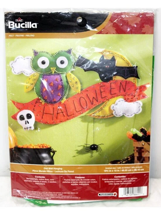 Bucilla Owl Wall Hanging Felt Beaded Kit Halloween Bat Crescent Moon