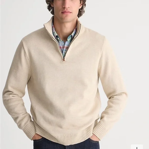 J crew heather sand Heritage cotton half-zip sweater