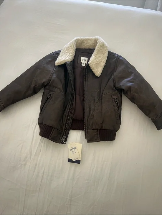 NWT GAP Toddler Brown Faux Leather Jacket with Cream Sherpa Collar 2T