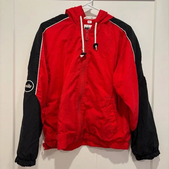 Vintage Nike 90's Kids Windbreaker Jacket Red‎ Black Full Zip Hooded S 4-6