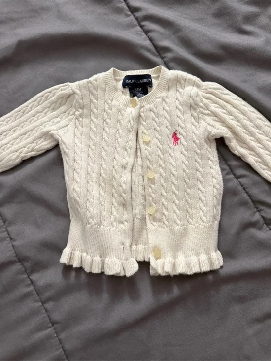 Ralph Lauren Cream Cable-Knit Cardigan with Pink Polo Embroidery