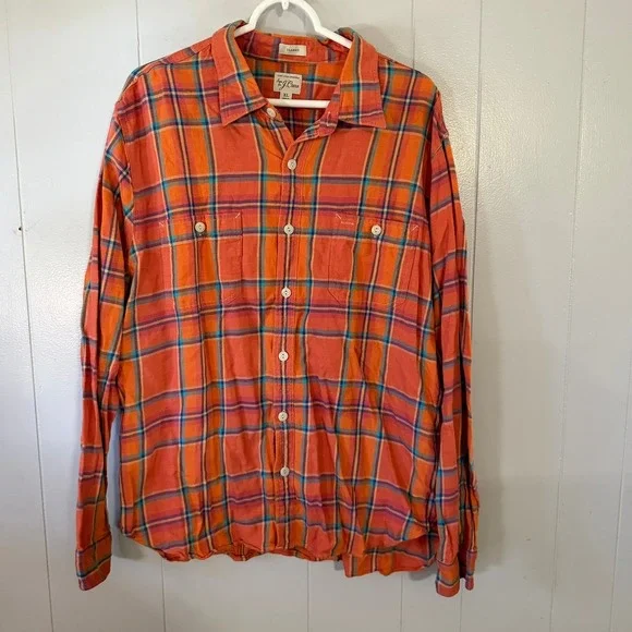 J. Crew Plaid Button Down Mens XL Orange Cotton Hemp Blend Long Sleeve Shirt‎