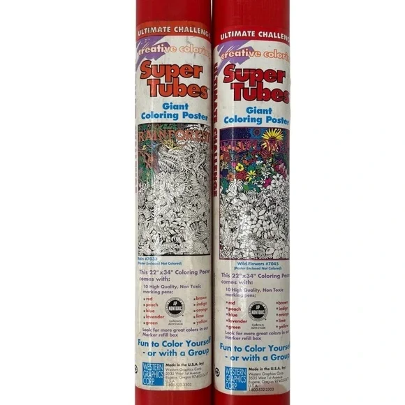 Vintage Super Tubes Giant Coloring Poster Set of 2 Rainforest & Wildflowers NWT