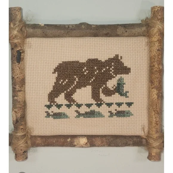Rustic Bear Cross Stitch Wall Art | Woodland Cabin Cottagecore Handmade Decor