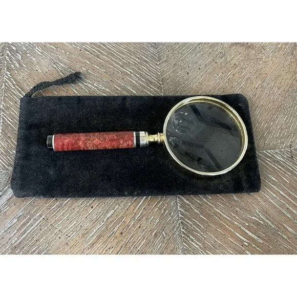 Vintage Travel Triple Magnifying Glass Brass Burled Handle 5.75