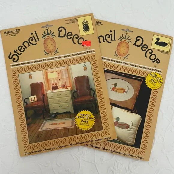 2 Vintage 80s Stencil Sets Decor Pineapple 1830 Decoy Duck 1848 Plaid Ent. Mylar