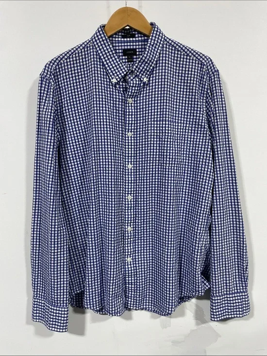 J. Crew Men's Navy and White Gingham Button-Down Shirt