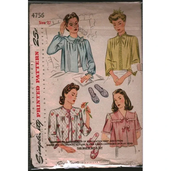 Vintage Simplicity 4756 Bed Jacket and Slipper Sewing Pattern Size 32 1940s