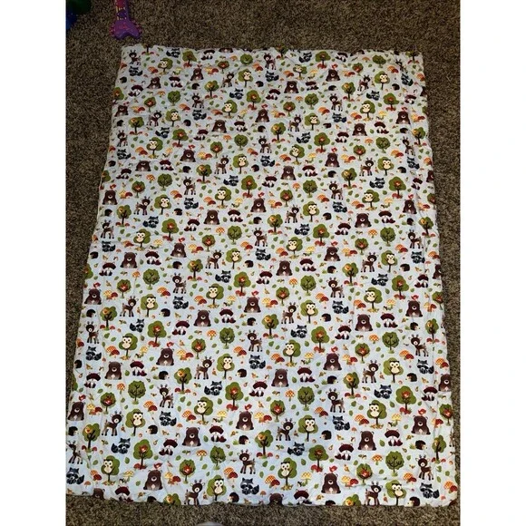 Forest Animals cotton Fabric Quilt W Embroidered Animals 51x 38” *Atticus Name