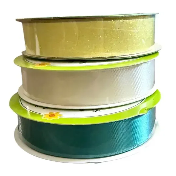 Floral Garden 3 Ribbon Rolls Sparkle Yellow White Turquoise-Green