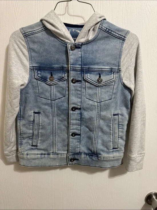 Children’s Denim Art Class Denim Jacket Fleece Sleeves Hood Button Up Small 6-7