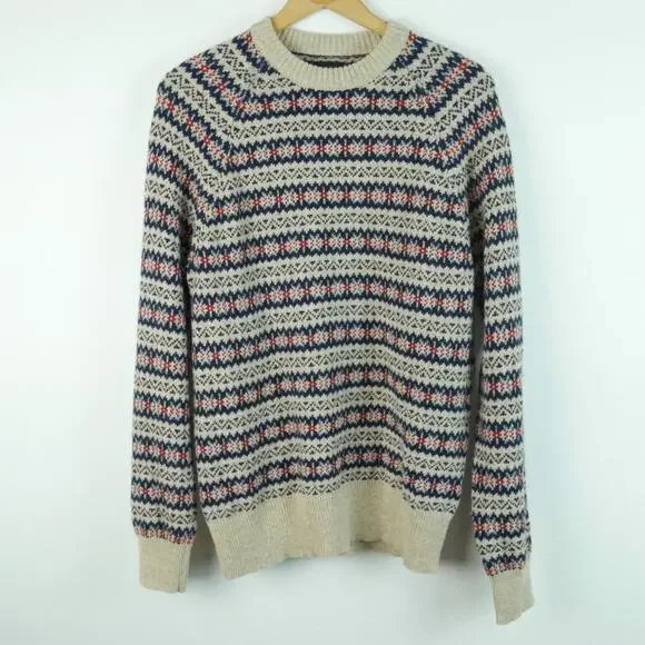 J Crew Men's Medium‎ Crewneck Sweater 100% Wool Nordic Fair Isle Pullover Raglan