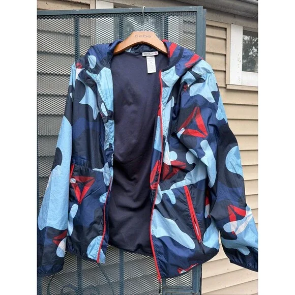 Reebok Jacket Kids 2XL Blue Camo Hooded Full Zip Windbreaker REB221JK03B006