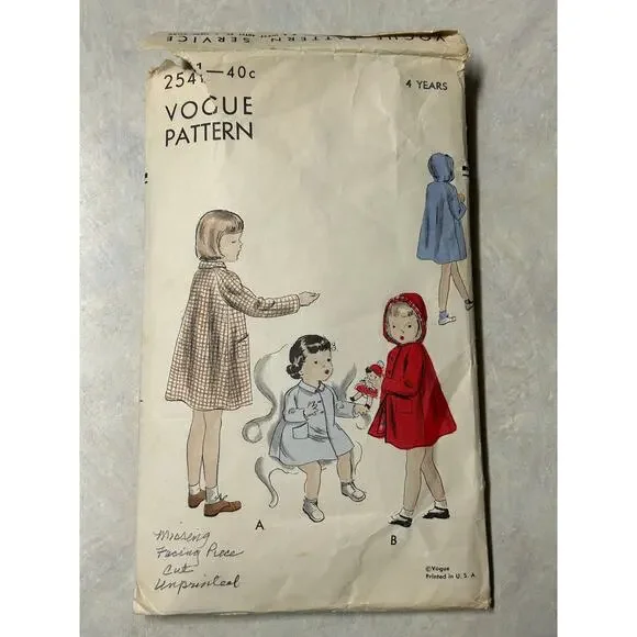 Vintage 1950's Vogue Pattern #2541 Childs Flare Swing Coat Size‎ 4 Years HTF