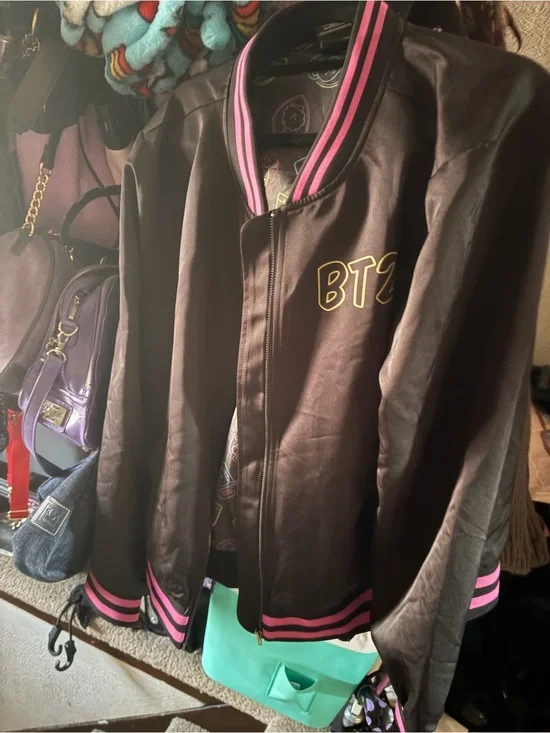 Bt21 BTS Black Bomber Jacket with Pink Trim
