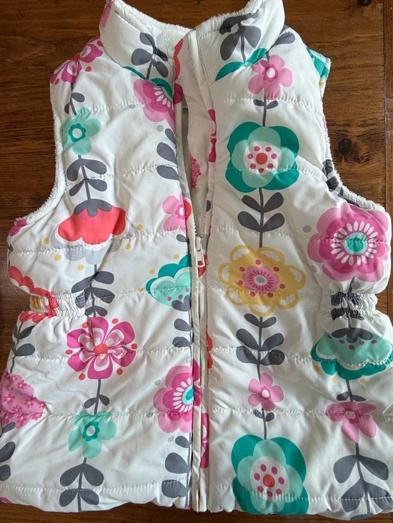 Gymboree Zip Up White Floral Quilted Vest Pink & Teal Accents Size 7/8 Girls
