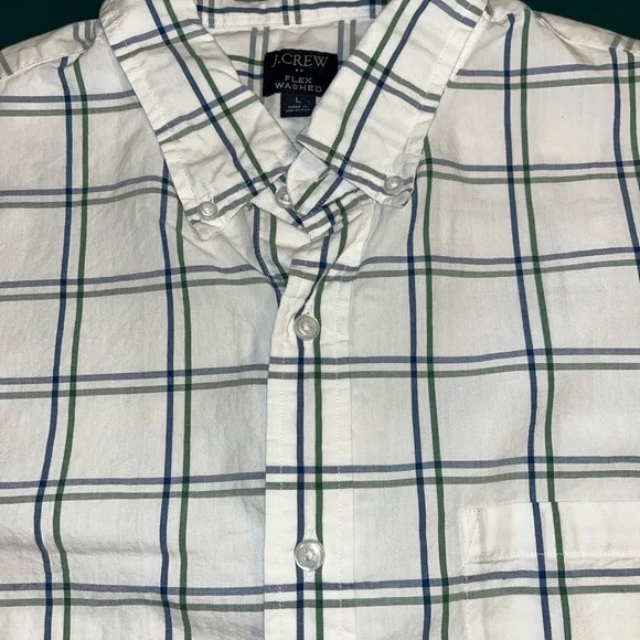 J. Crew White Button-Down Shirt with Blue and Green Plaid