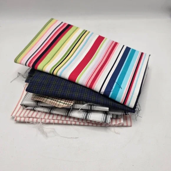 Fabric Remnants Lot Striped Plaid Cotton Quilting Scraps Sewing Bundle