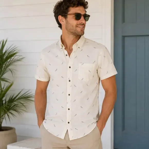 J.Crew Men’s Large Slim Fit Bird Print Shirt Ivory Short Sleeve Button Down