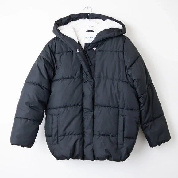 Old Navy Puffer Jacket Vail Cocoon Kids Size L 10-12 Black Sherpa Lined Hooded