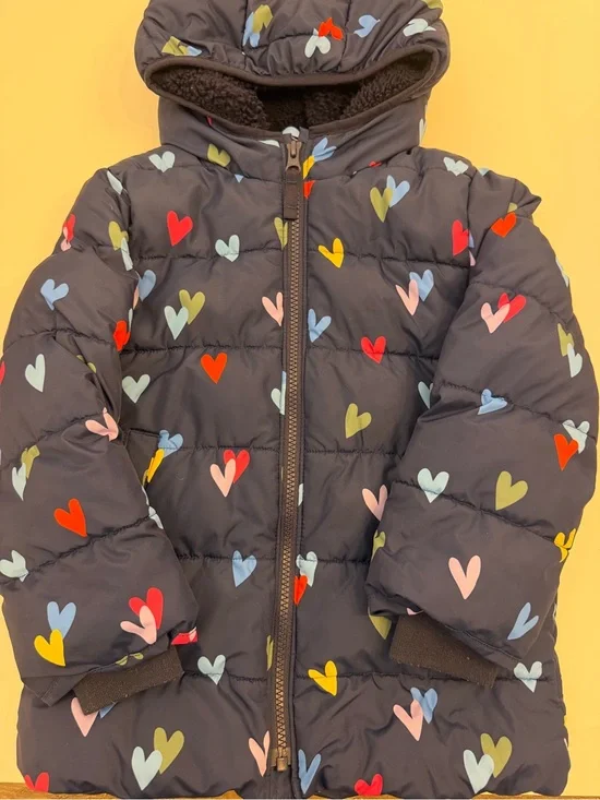Primary Girls' Heart Print Puffer coat  Navy with Multicolor Hearts size 5