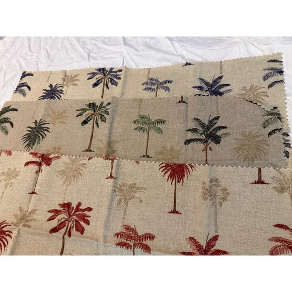 Lot of 3 Linen Fabric w/ Tropical‎ Island Palm Trees blue red 25