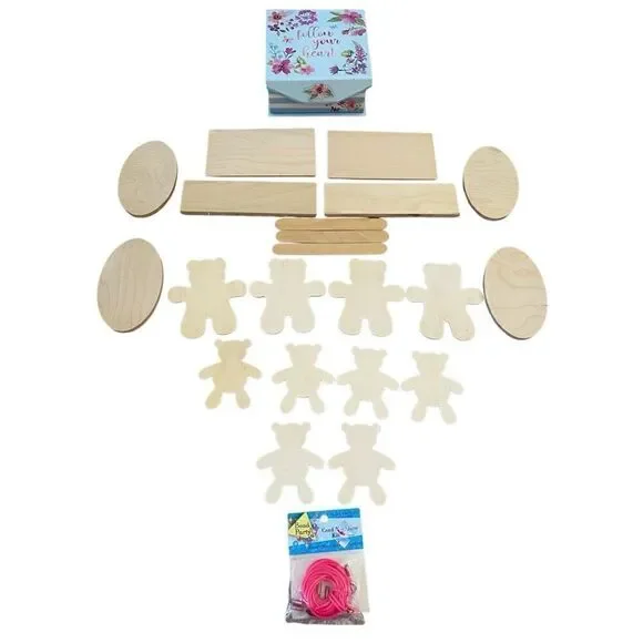 Lot Of 23 Craft Supplies Gift Box Teddy Bear Wooden Plaques Cord Necklace Kit