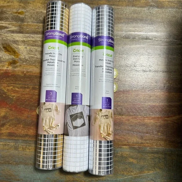 Cricut StrongBond Iron-On Mosaic Bundle Metallic Classics White Silver 3 Rolls