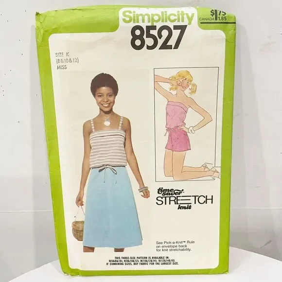 UNCUT VTG 70s Simplicity Sewing Pattern 8527 Womens Knit Top shorts‎ Skirt 8-12