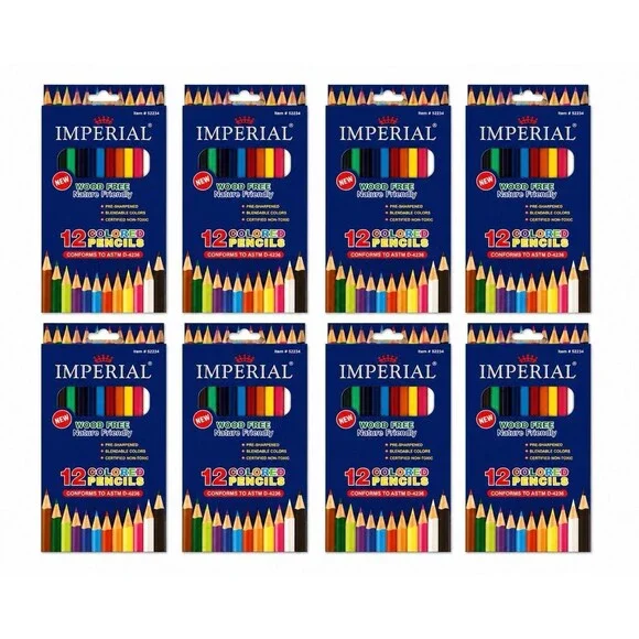 IMPERIAL 12 PACK ASSORTED COLORED PENCILS NEW WOOD FREE NATURE FRIENDLY 8 Lot