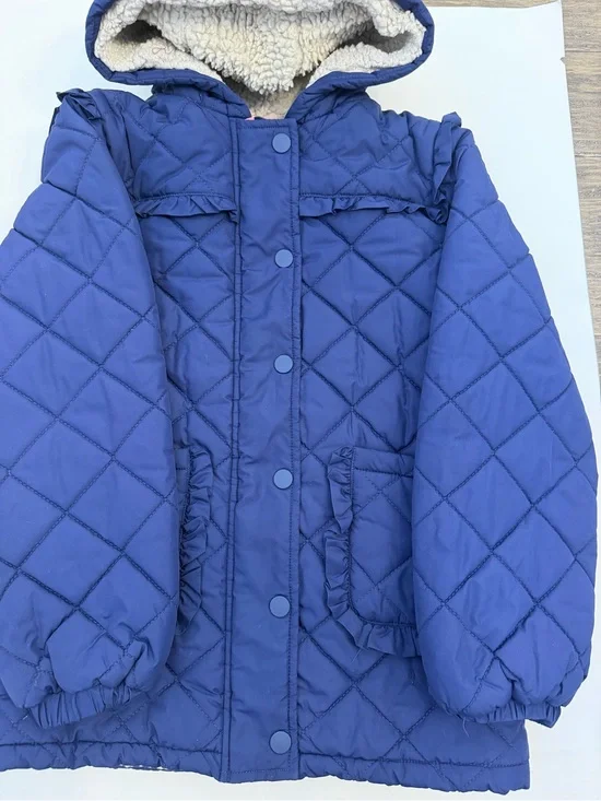 Mini Boden Quilted Blue Hooded Sherpa lined  Navy Coat size 8/9