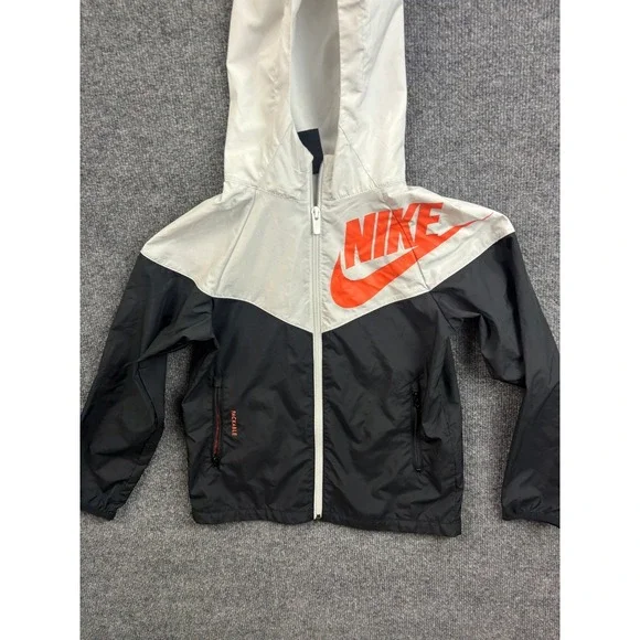 Nike Windbreaker Jacket Kids XS White Black Orange Packable Hooded Zip Up