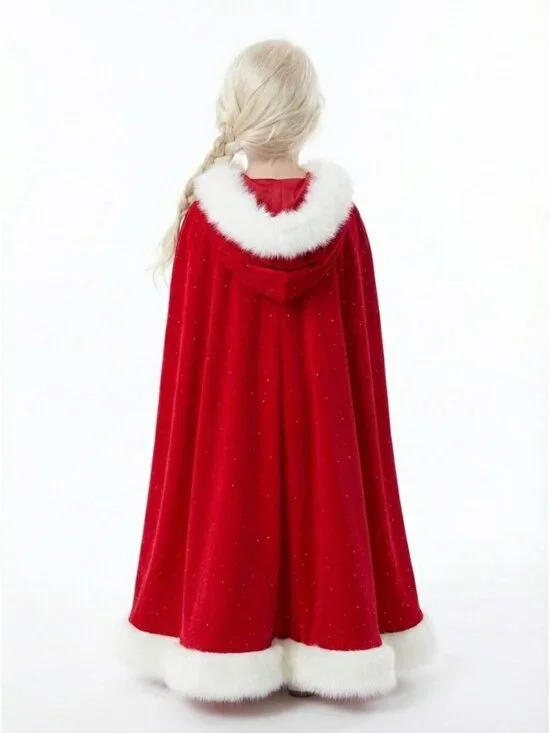 Girls Red Faux Fur Trim Princess Cloak