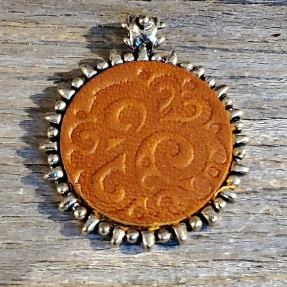 Vintage Brown Leather Embossed Swirls Bali Style Bail Silver Pewter Pendant