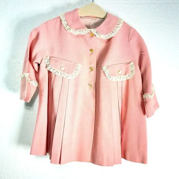 Girls Vintage Handmade Pink Jacket with Lace Trim and Lining 6-12 Months