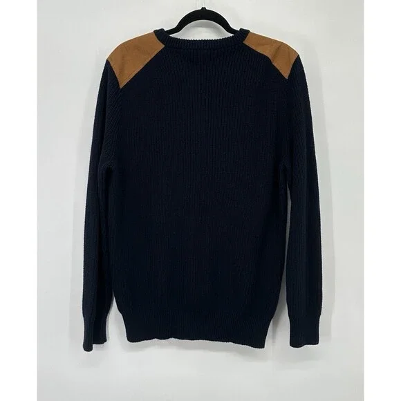 J Crew Men M navy  Ribbed Sweater Suede Shoulder‎ Patches Military Heritage Hunt