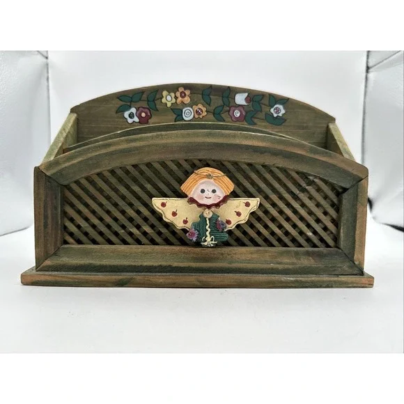 Vintage Hand Carved Floral Wood Letter Mail Desk Organizer Sorter Cranbury Craft