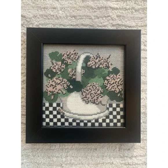 Vintage Needlepoint Cottage Core‎ Springtime Custom Frame Hydrangea Basket