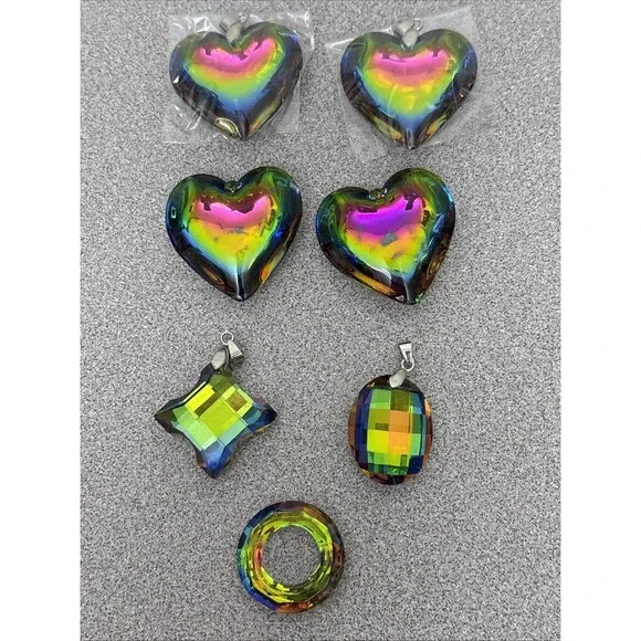 Lot Of 4 Rainbow Titanium Crystal Heart Pendants, Plus 3 Iridescent Pendants