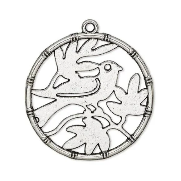 2 Large Antiqued Silver Pewter 32mm Peace Dove Bird on Tree Branches Pendants