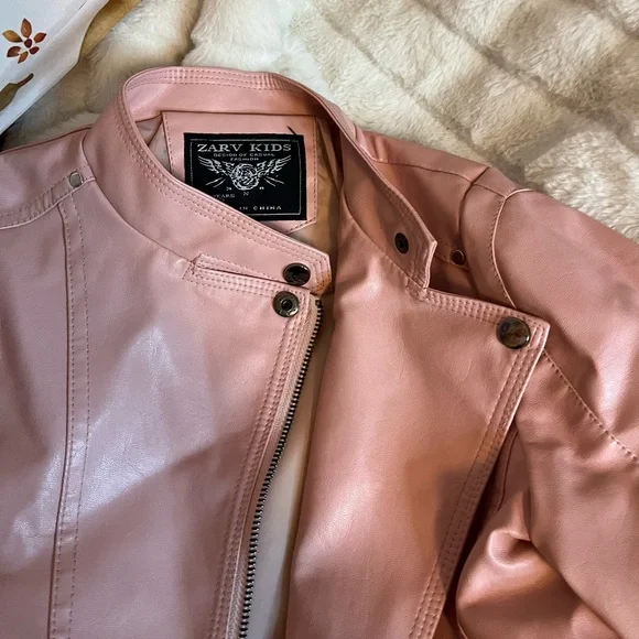 Kids M 7/8 Powder Pink Faux Leather Full Zip Motorcycle Spring Biker Jacket