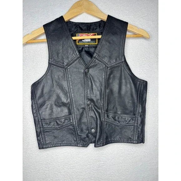 Kids Leather Biker Vest‎ XXL Black Motorcycle Gilet Western Snap Front