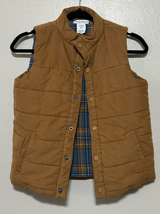 Tommy Bahama Vest Boys L 10/12 Brown Puffer Cotton Lined Plaid Winter Jacket