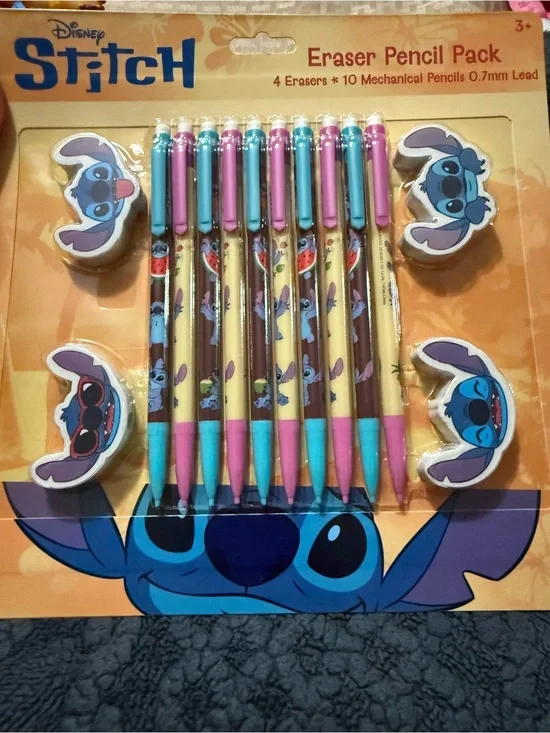 Disney Stitch Mechanical Pencil & Eraser Pack - Pink, Blue, Yellow