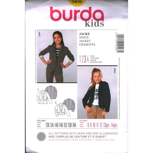 Burda Kids 9498 Sewing Pattern Girls Boys Fitted Jacket Blazer Sizes 8-14 UNCUT